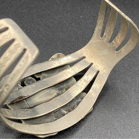 Vintage Southwest Style Silver Butterfly and Turquoise Wide Cuff Bracelet - Picture 5 of 12